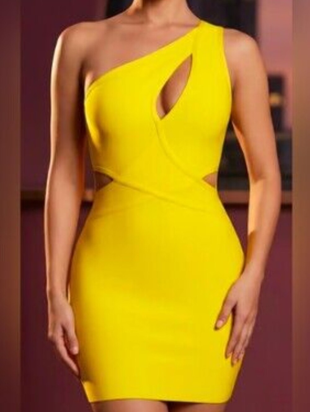 Fashion Nova One-Shoulder Yellow Cutout Bodycon Dress